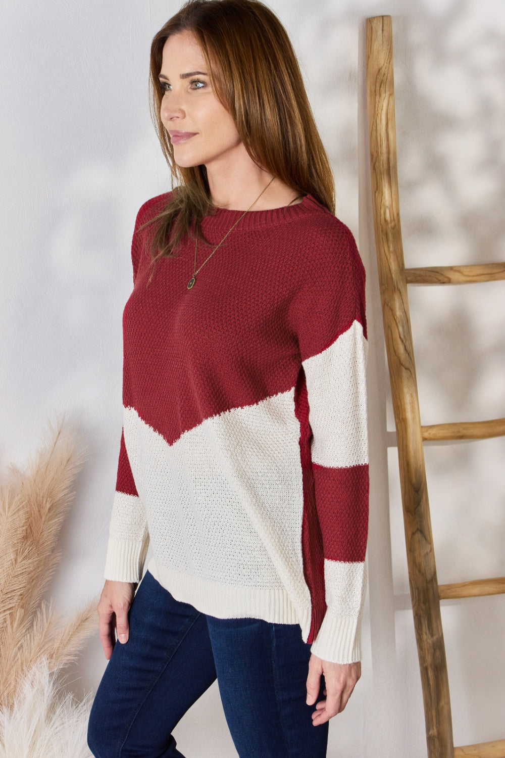 Hailey & Co Full Size Color Block Dropped Shoulder Knit Top