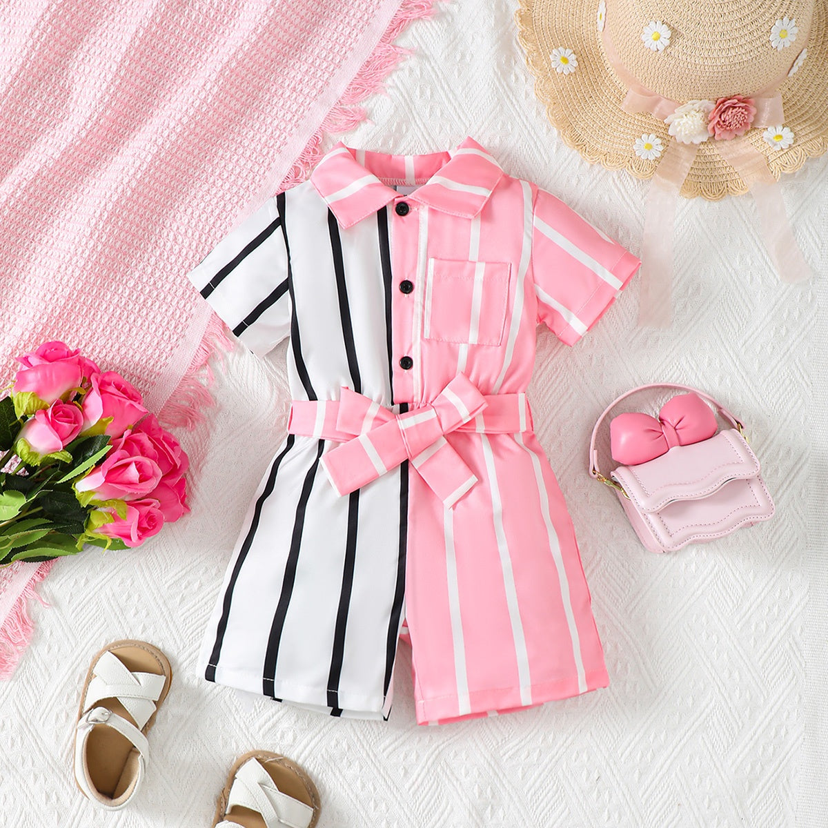 Striped Two-Tone Short Sleeve Tie Waist Romper