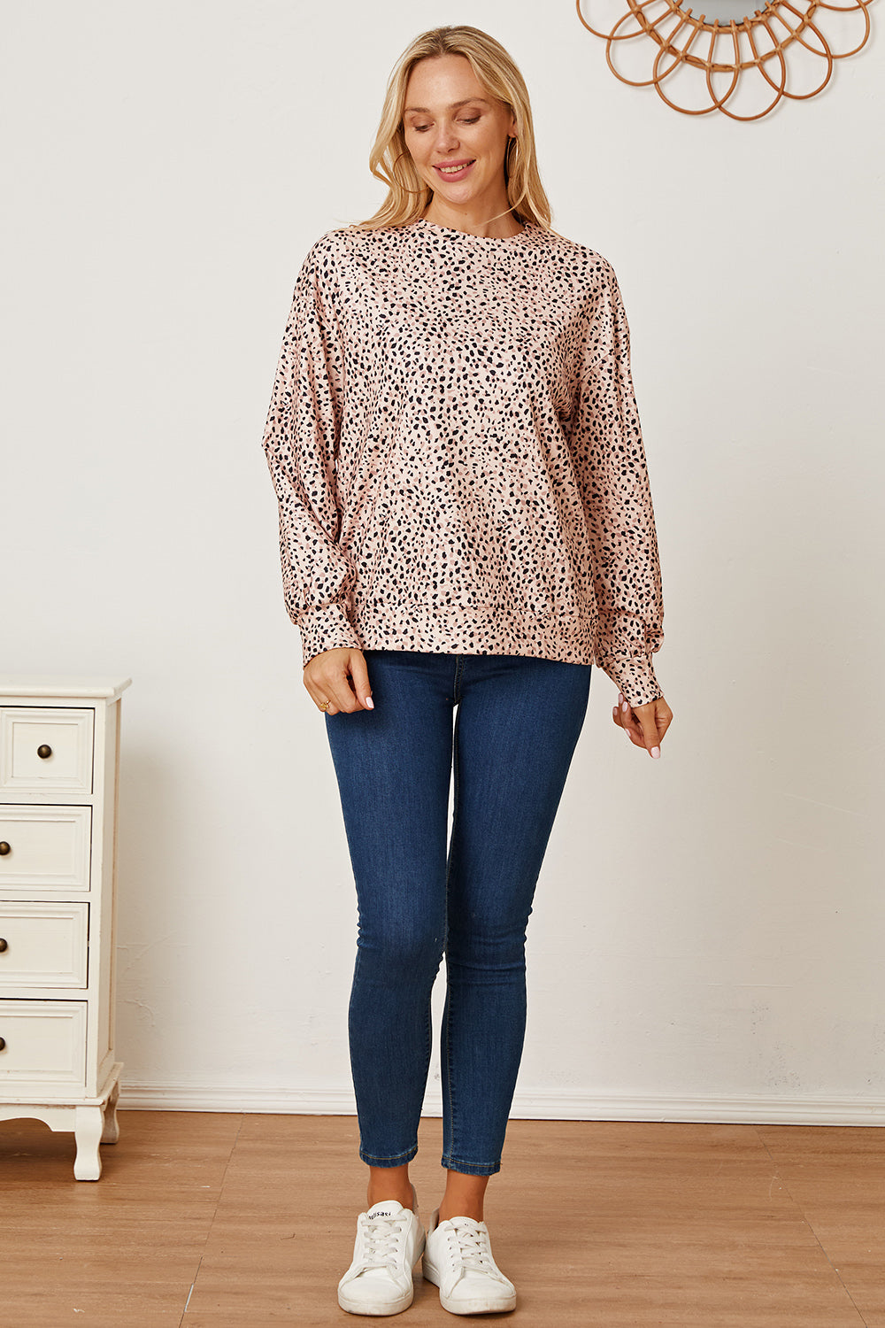 Leopard Round Neck Dropped Shoulder T-Shirt