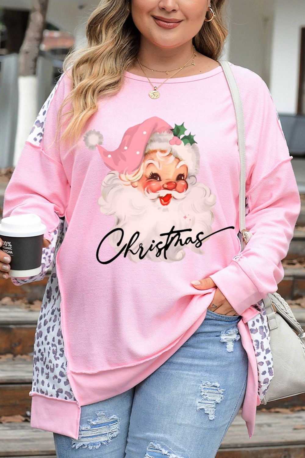 Plus Size Santa Leopard Dropped Shoulder Sweatshirt