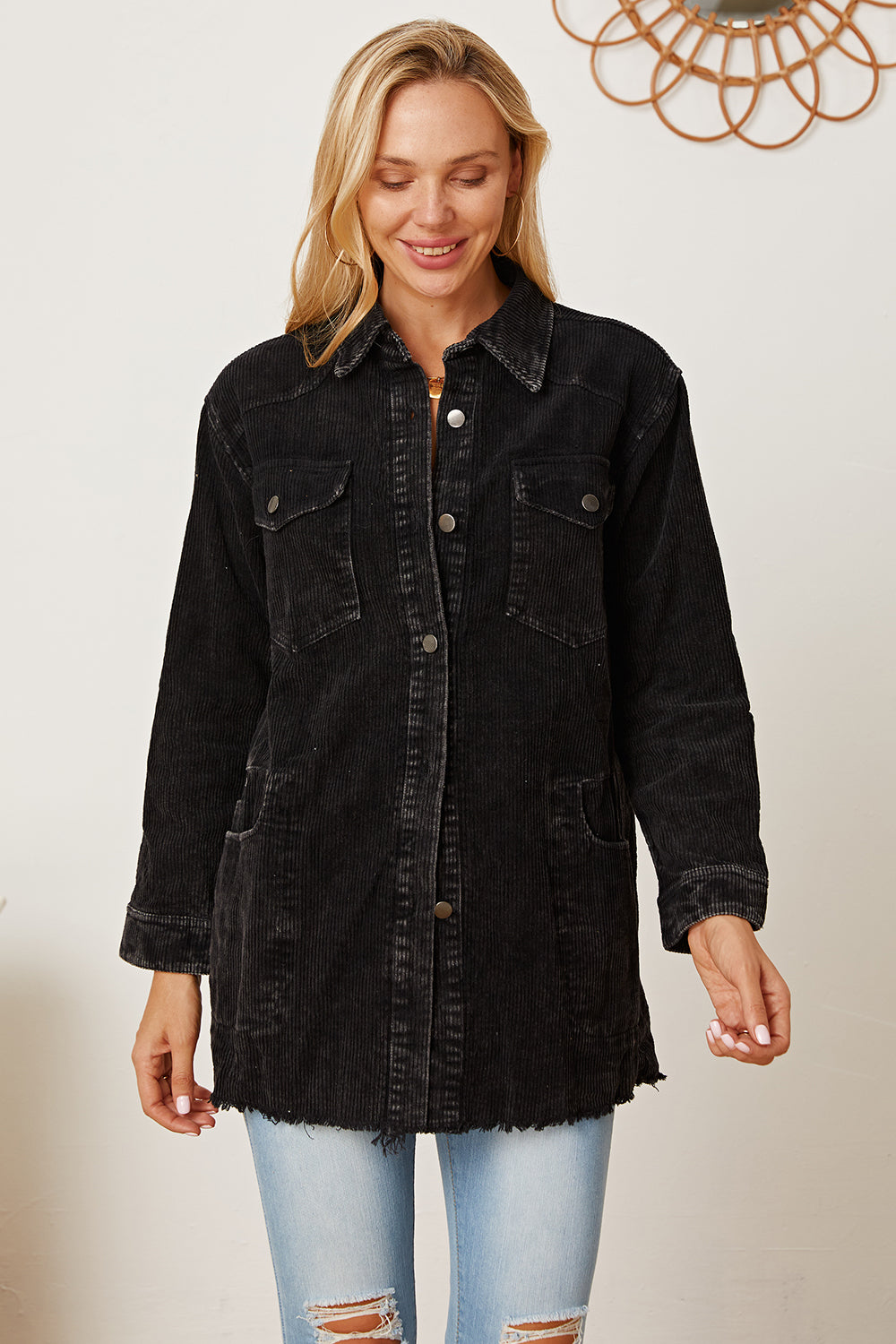 Raw Hem Pocketed Button Up Jacket