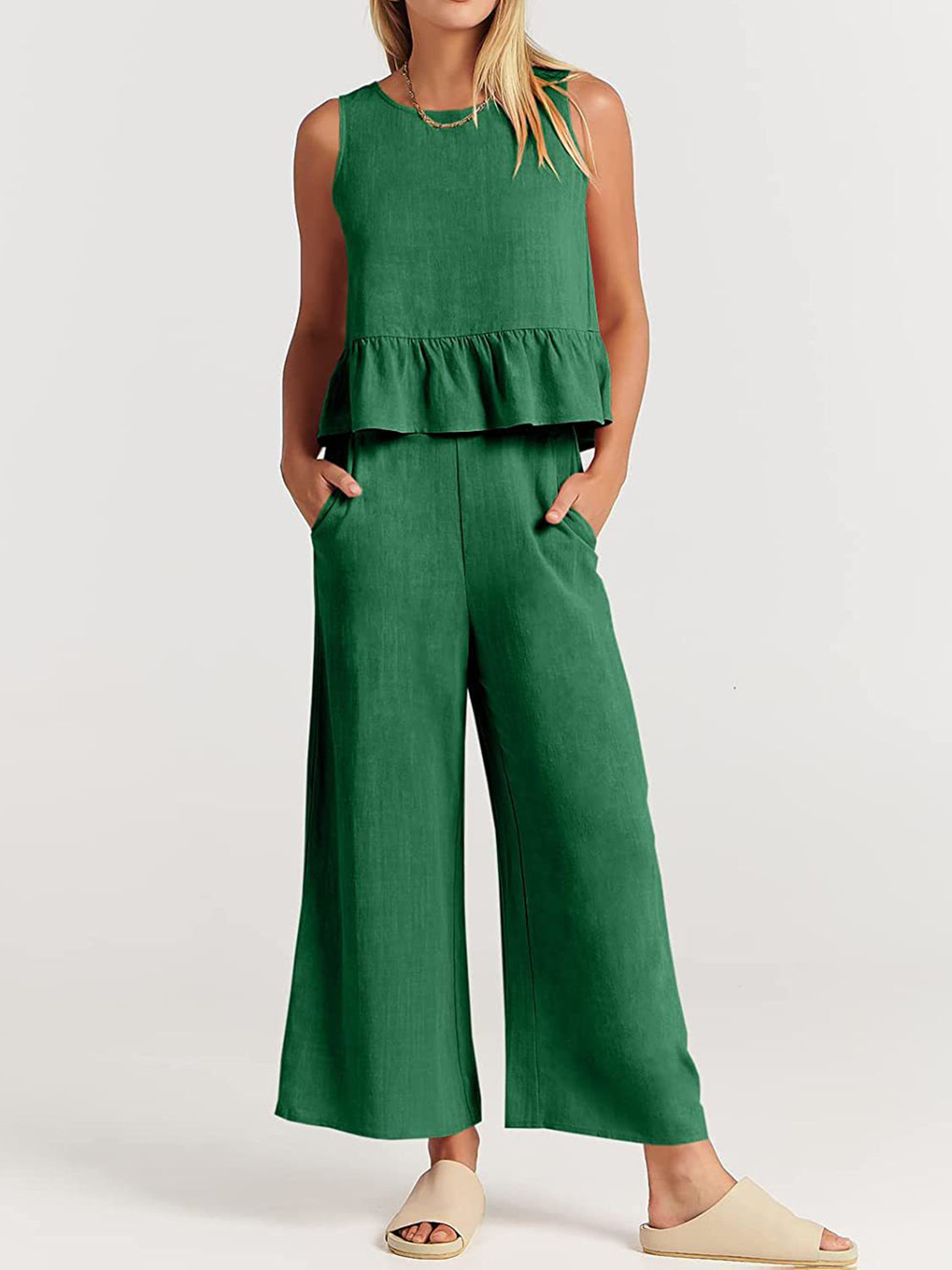 Full Size Round Neck Top and Wide Leg Pants Set