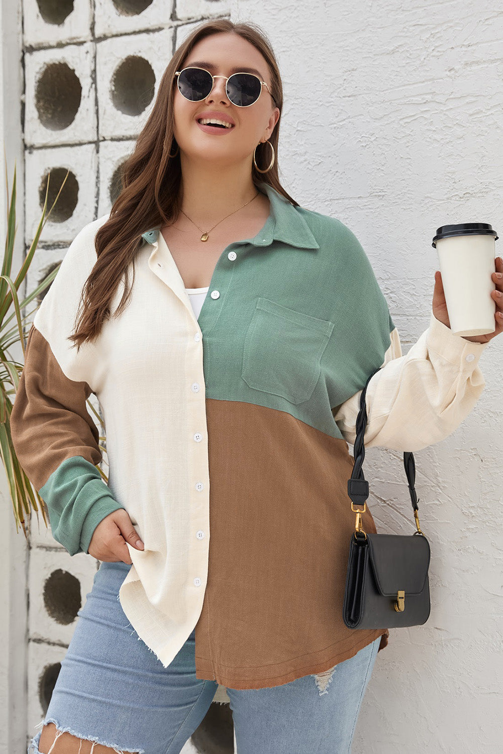 Plus Size Collared Neck Color Block Raw Hem Shirt