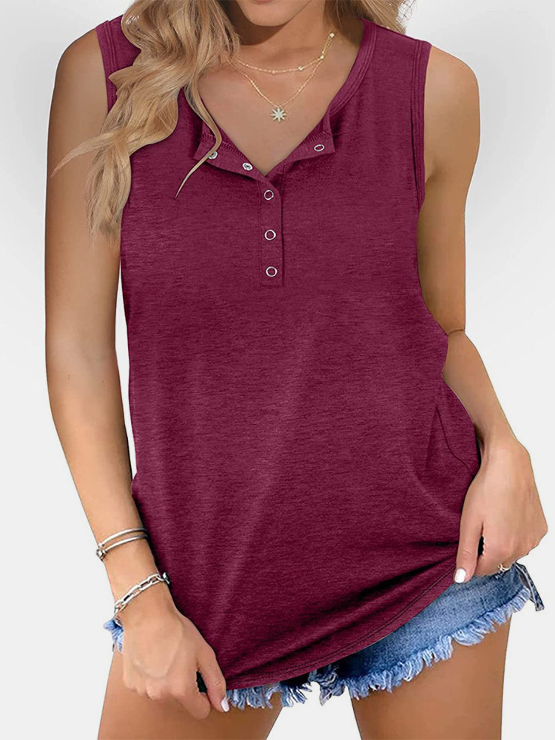 Full Size Quarter Snap V-Neck Wide Strap Tank