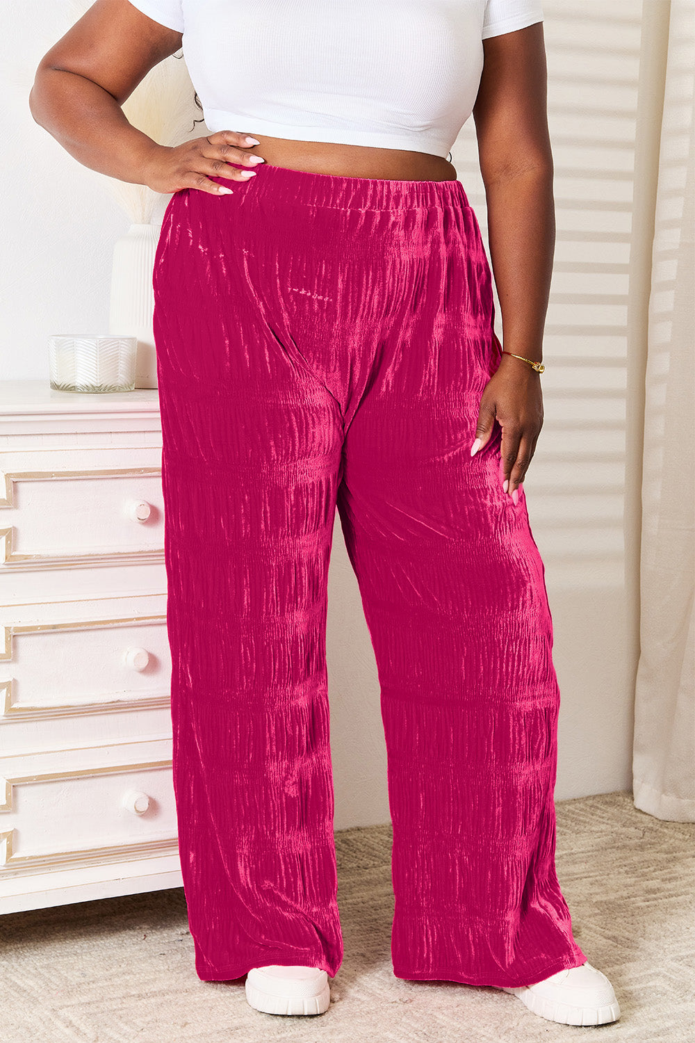 Double Take Full Size High Waist Tiered Shirring Velvet Wide Leg Pants