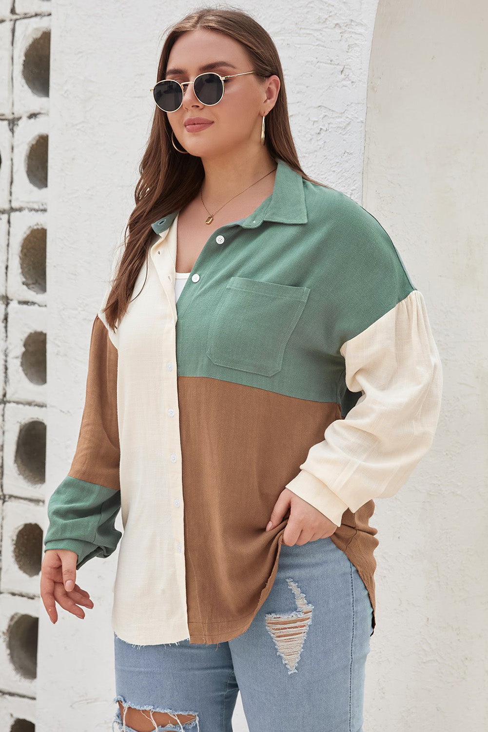 Plus Size Collared Neck Color Block Raw Hem Shirt