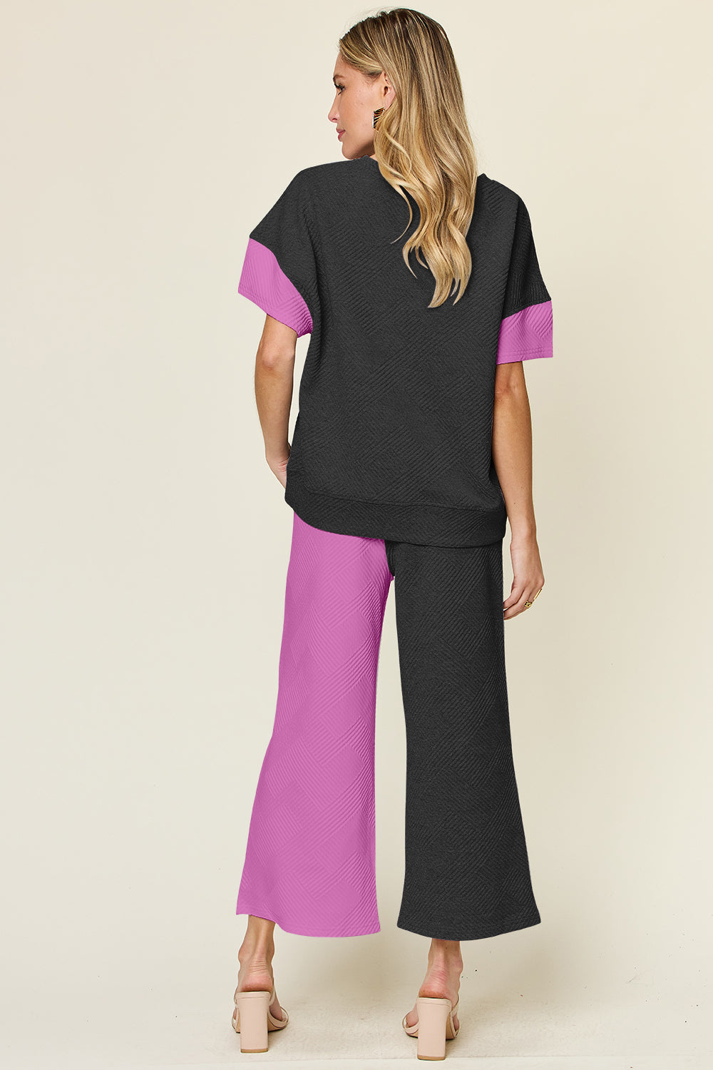 Double Take Full Size Texture Contrast T-Shirt and Wide Leg Pants Set