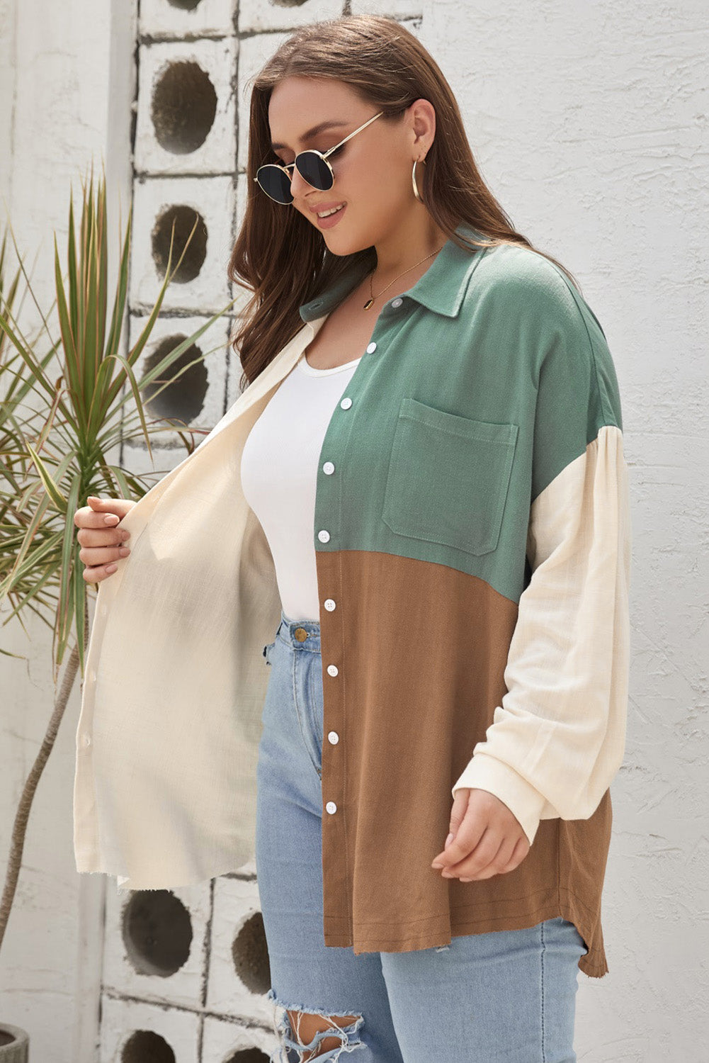 Plus Size Collared Neck Color Block Raw Hem Shirt