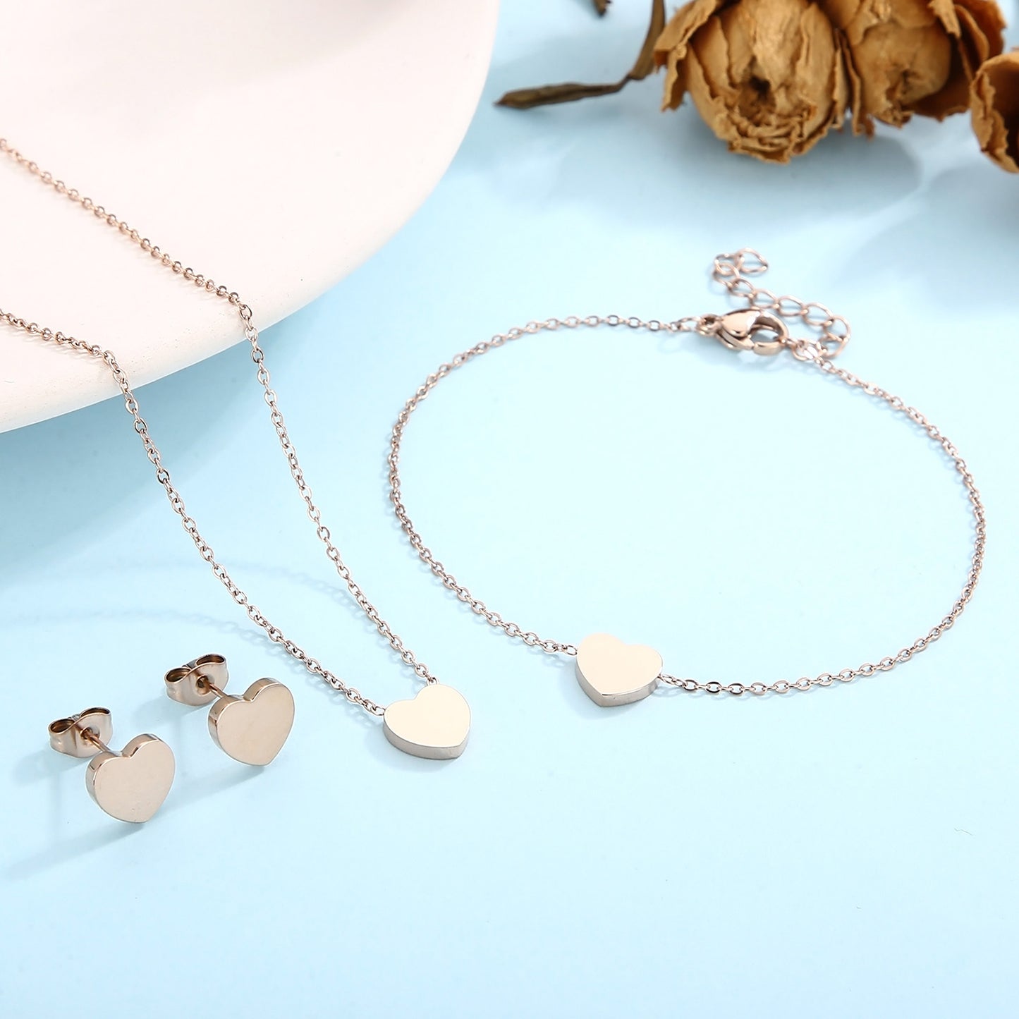 Heart Necklace, Bracelet and Stud Earrings Jewelry Set