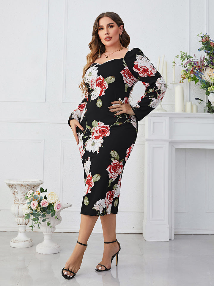 Plus Size Printed Square Neck Long Sleeve Dress