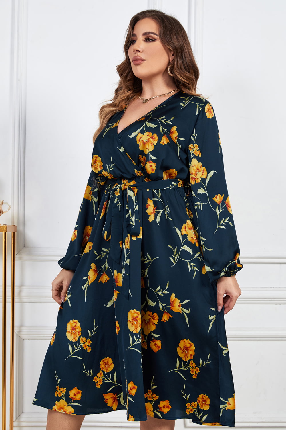 Melo Apparel Plus Size Floral Print Surplice Neck Midi Dress