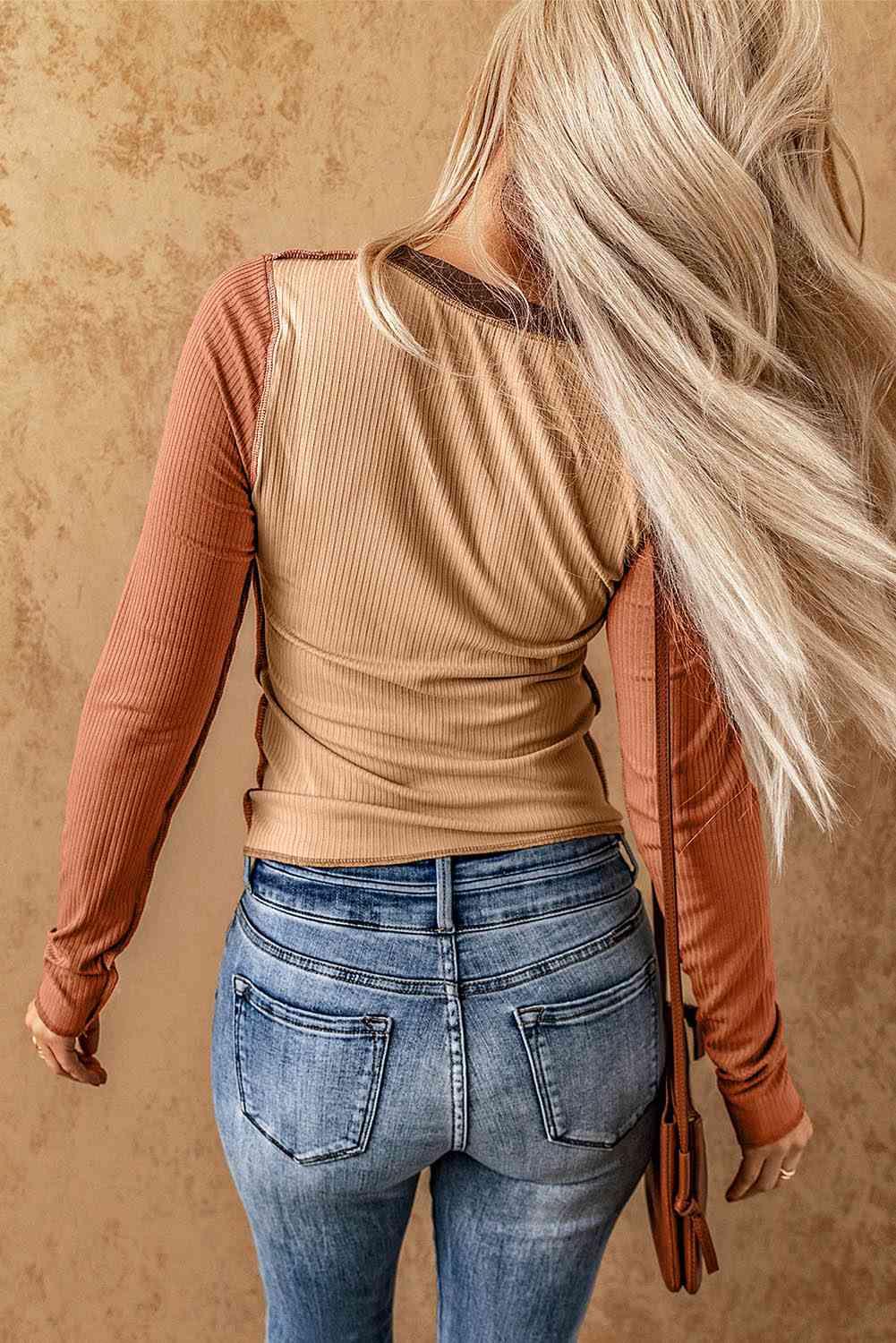 Color Block Exposed Seam Long Sleeve Top