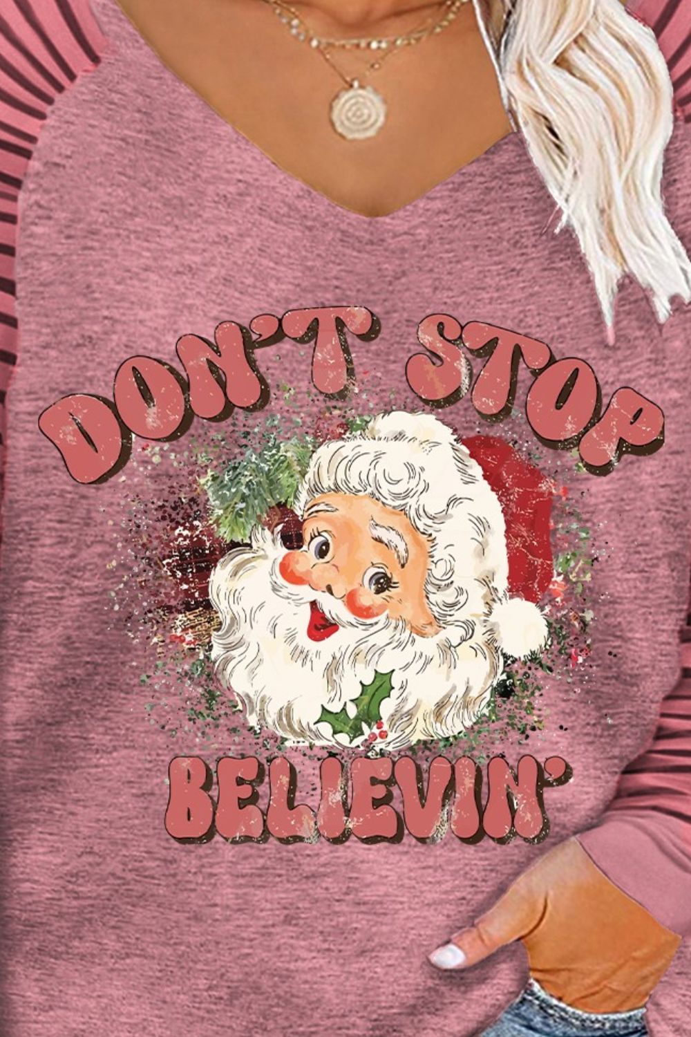 Plus Size DON'T STOP BELIEVIN Striped Long Sleeve T-Shirt