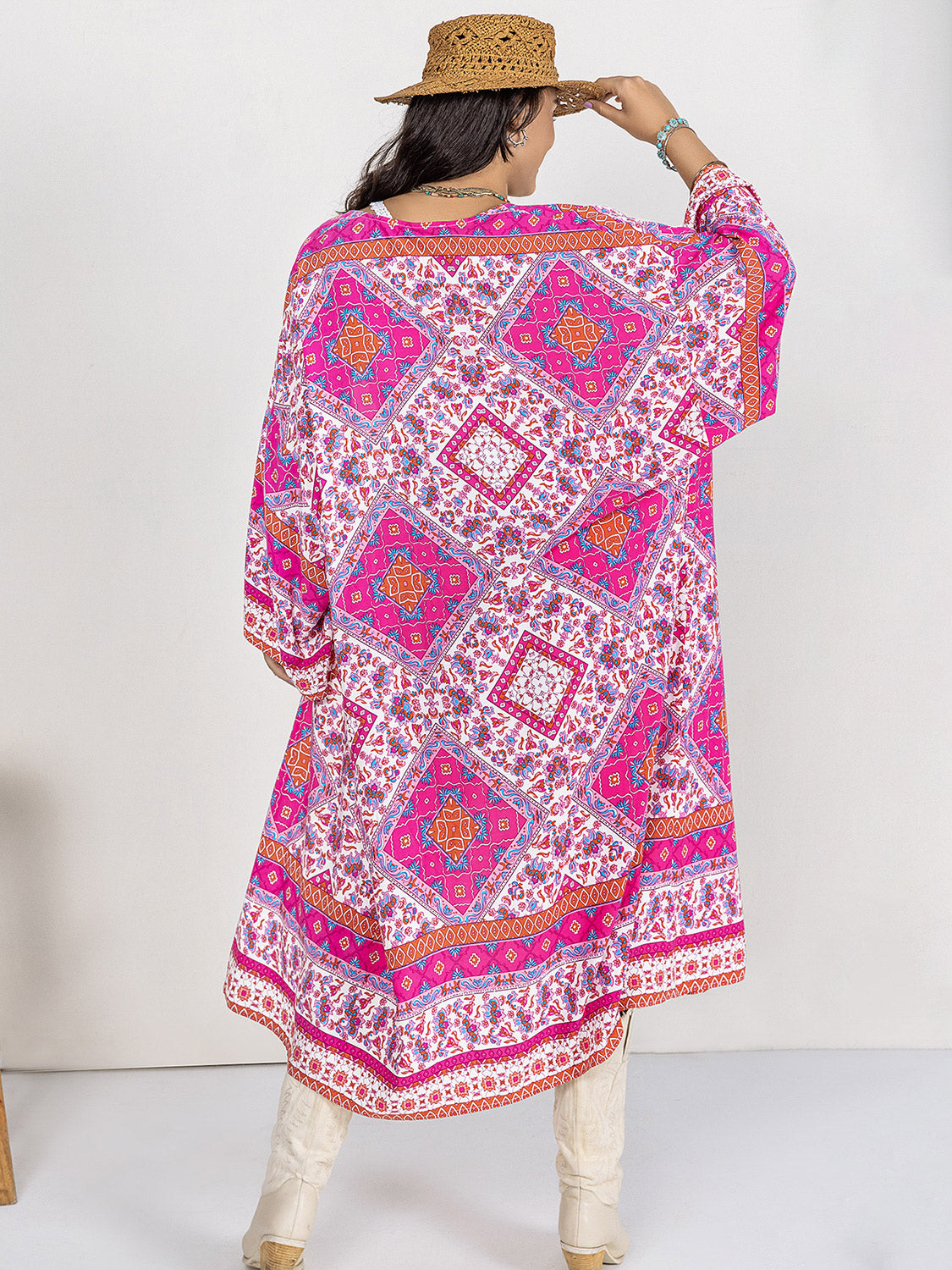 Double Take Plus Size Printed Open Front Longline Cardigan