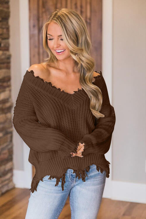 Frayed Hem Dropped Shoulder Sweater