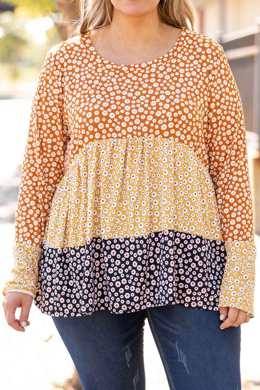 Plus Size Floral Color Block Babydoll Top