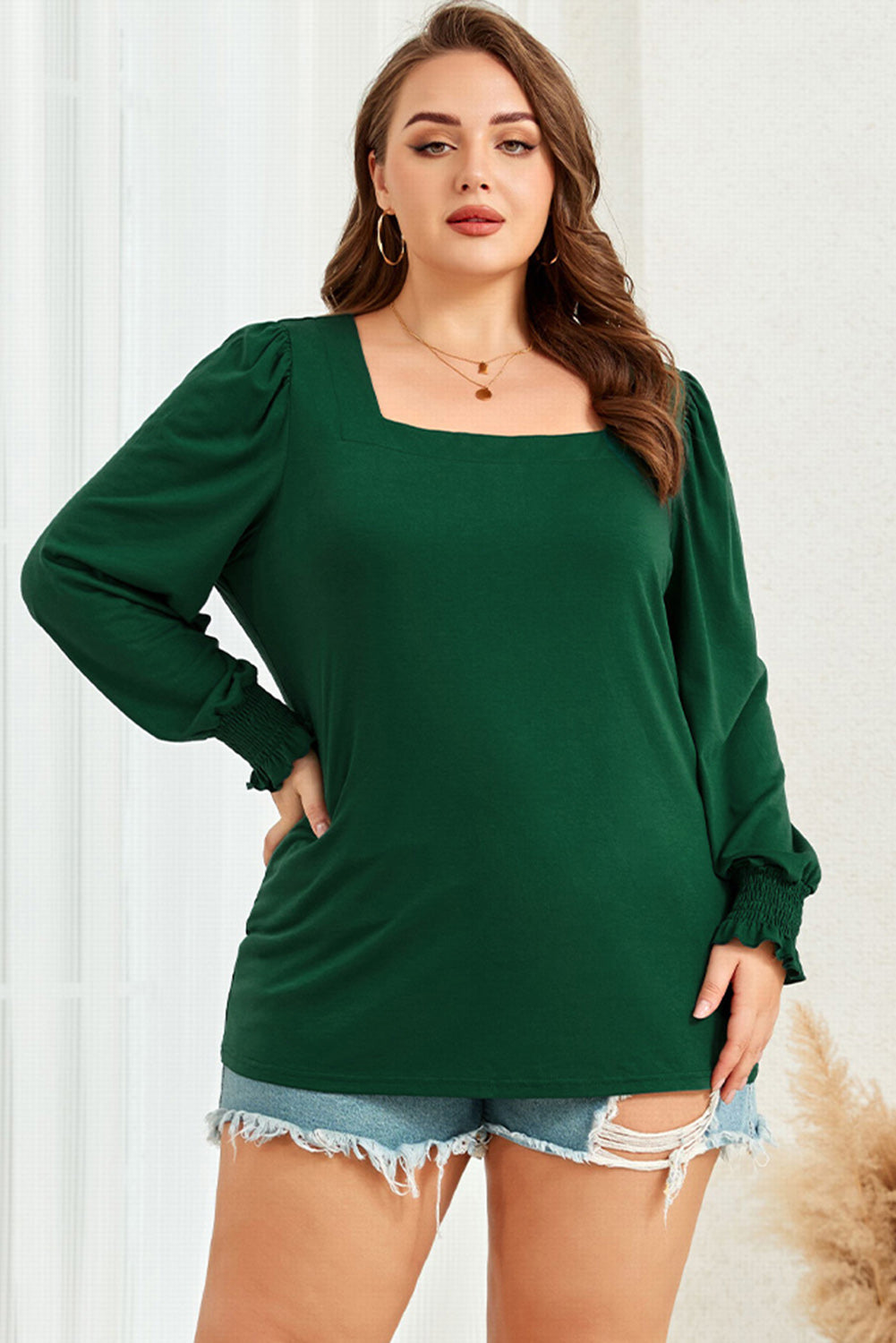 Plus Size Square Neck Lantern Sleeve T-Shirt