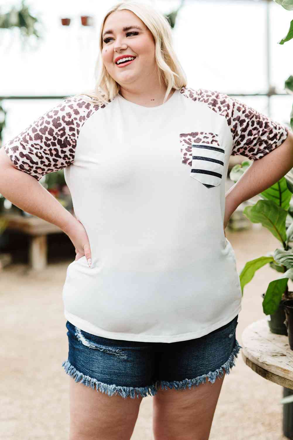 Plus Size Mixed Print Contrast Tee Shirt