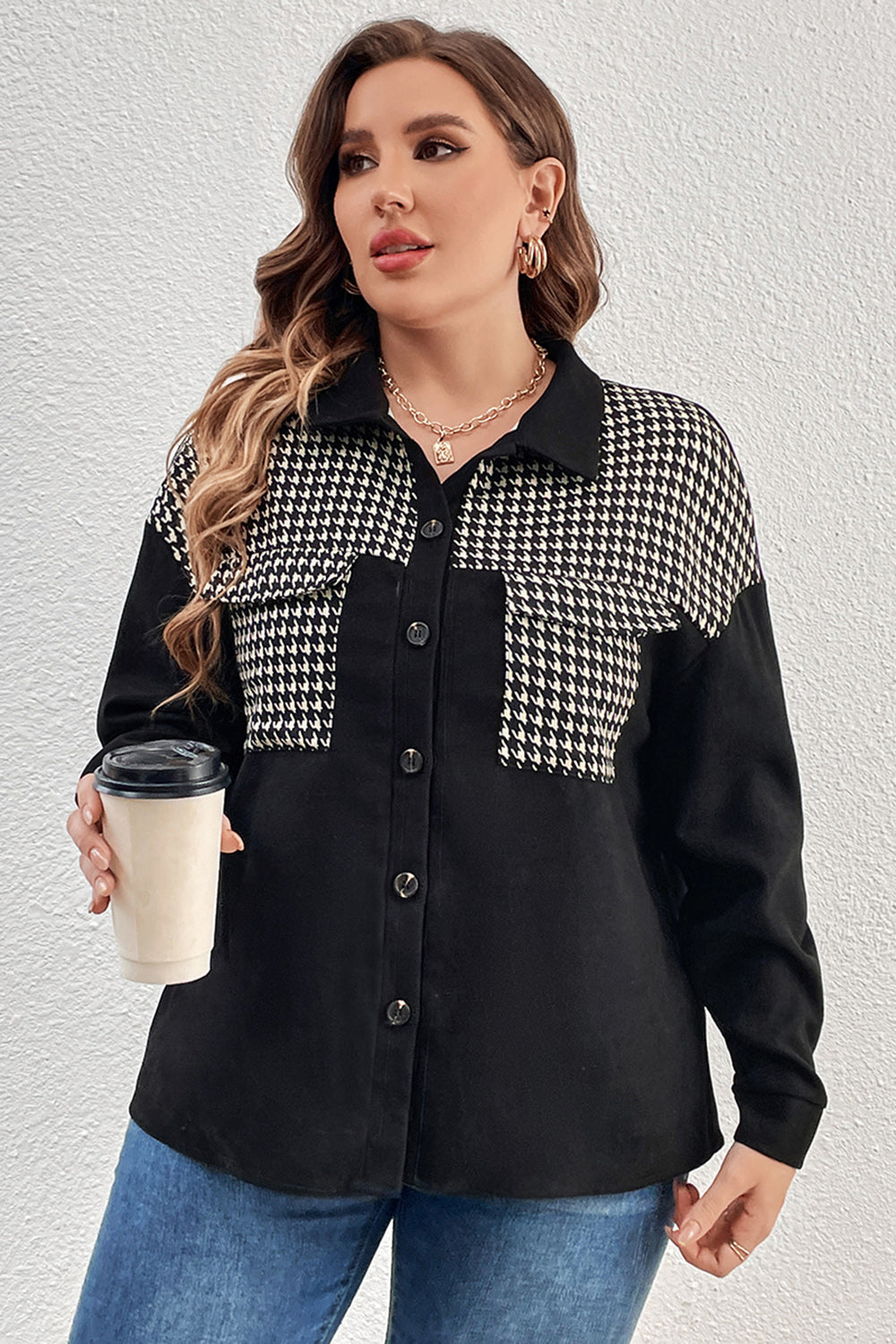 Plus Size Houndstooth Drop Shoulder Shacket