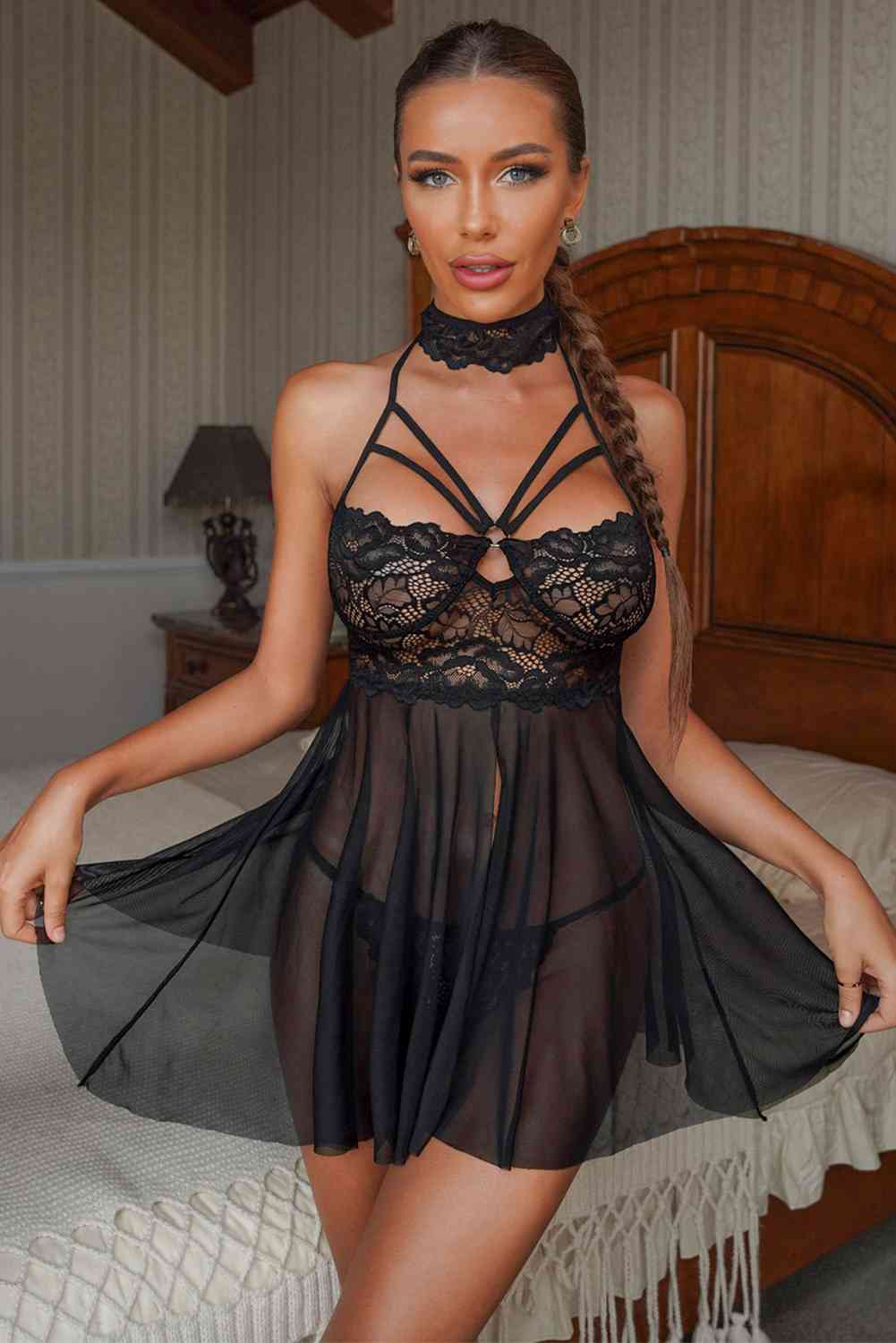 Lace Mesh Backless Babydoll Lingerie Set