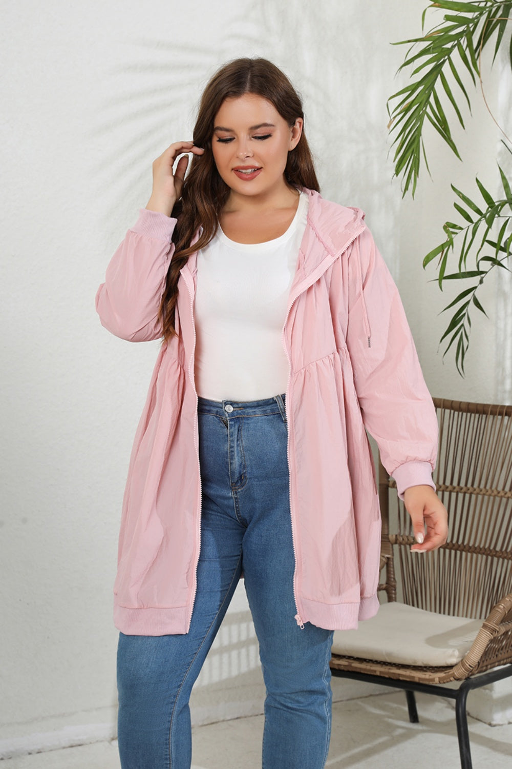 Plus Size Zip-Up Longline Hooded Jacket