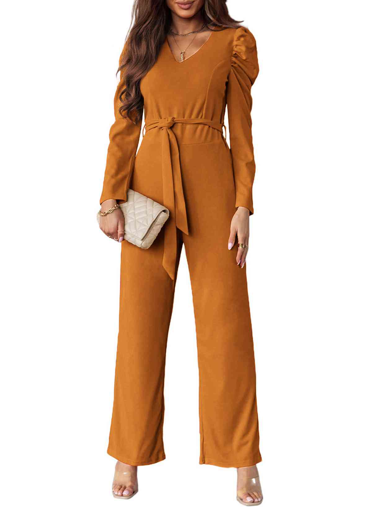 Belted Long Puff Sleeve V-Neck Jumpsuit