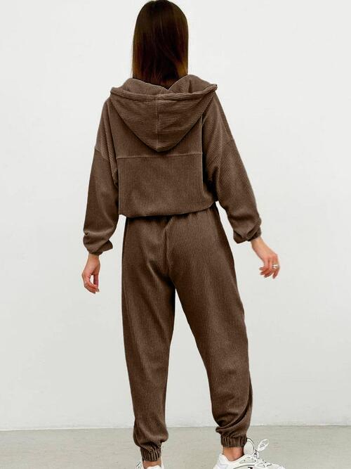 Half Zip Drawstring Hoodie and Pants Set