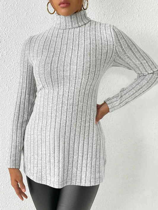 Ribbed Turtleneck Long Sleeve Slit T-Shirt