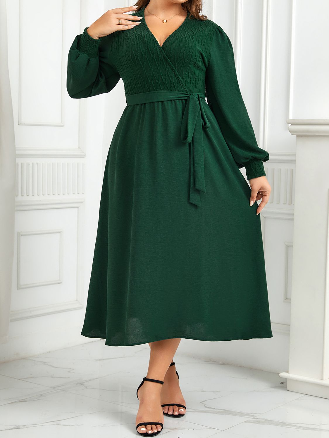 Plus Size Surplice Neck Tie Waist Long Sleeve Midi Dress