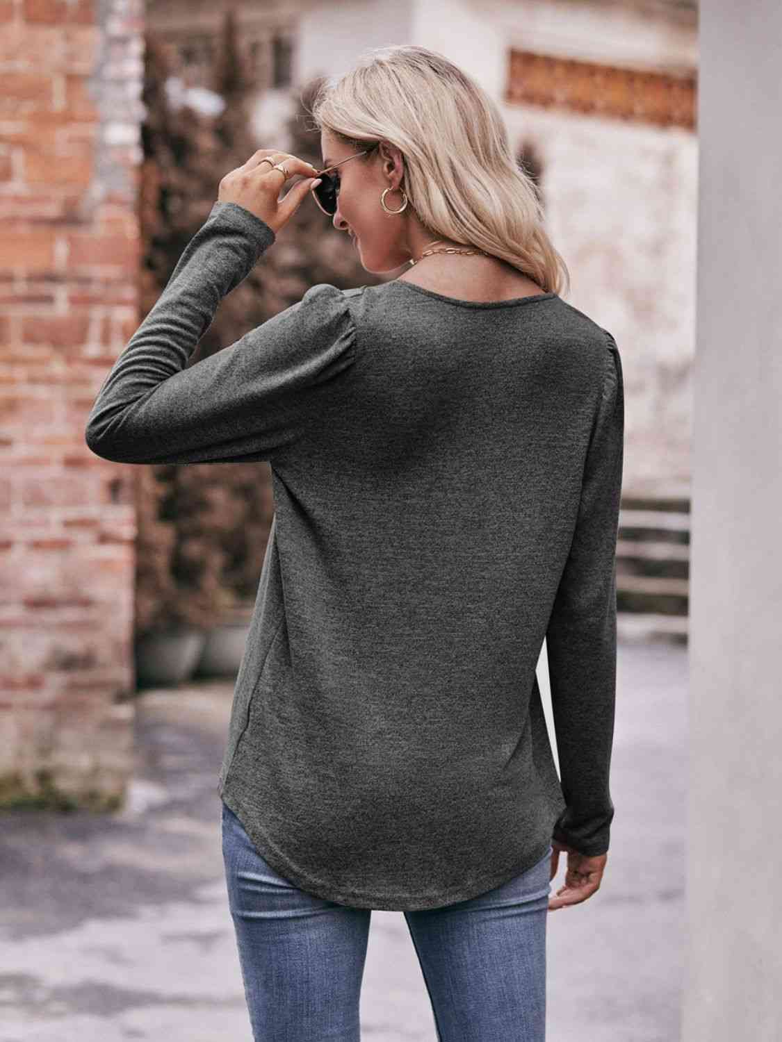 Double Take Pleated Detail Curved Hem Long Sleeve Top