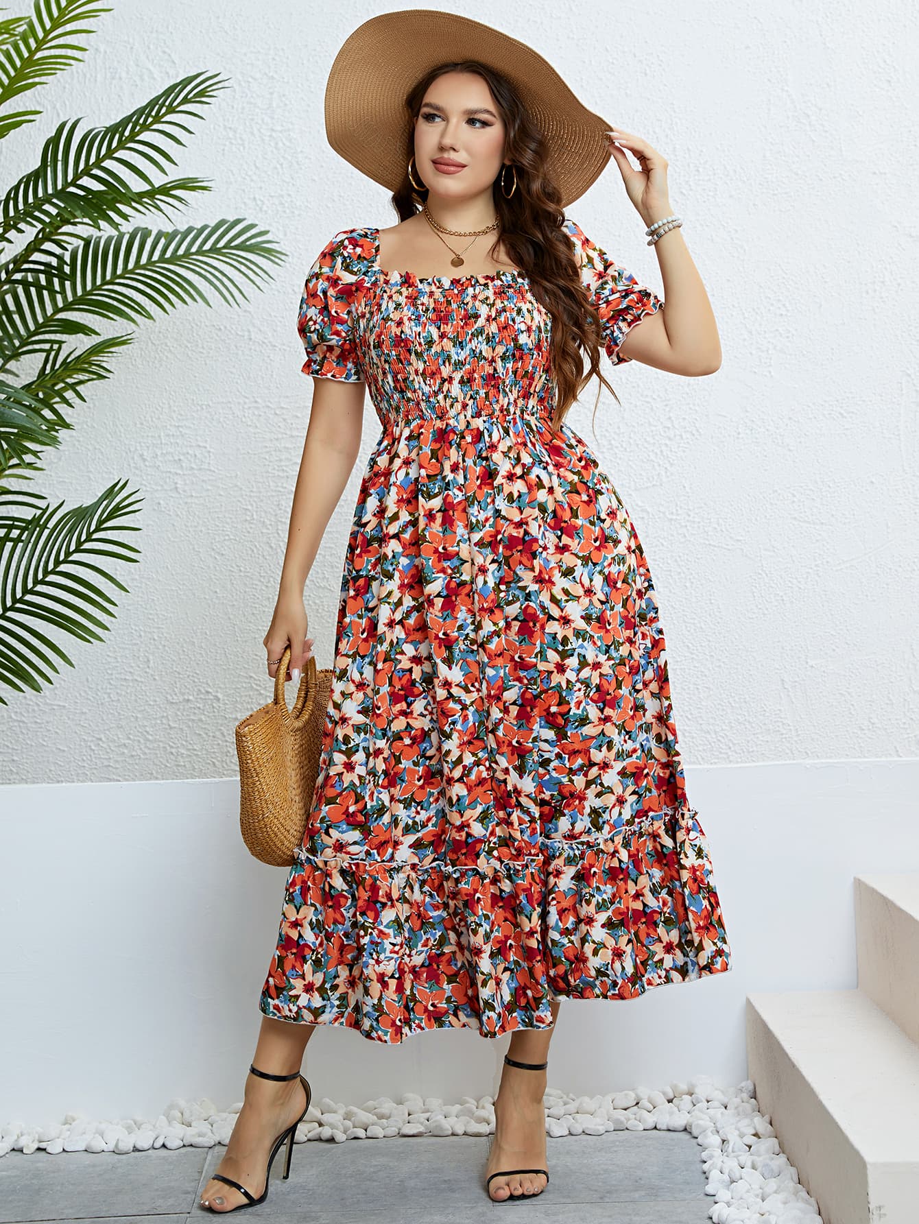 Plus Size Floral Smocked Square Neck Dress