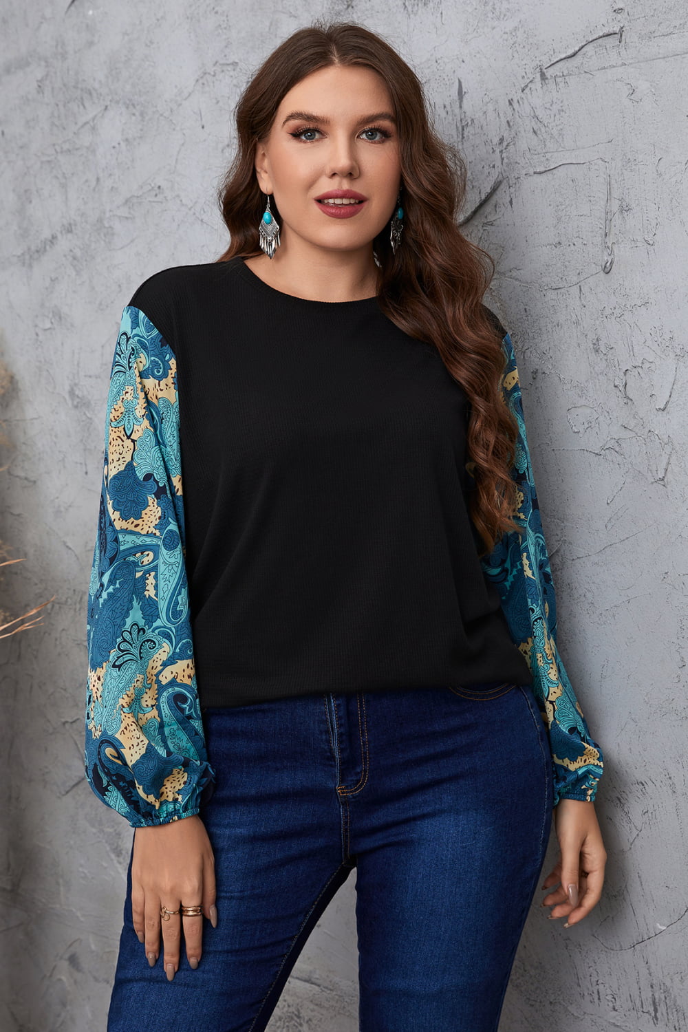 Melo Apparel Plus Size Printed Sleeve Round Neck Blouse