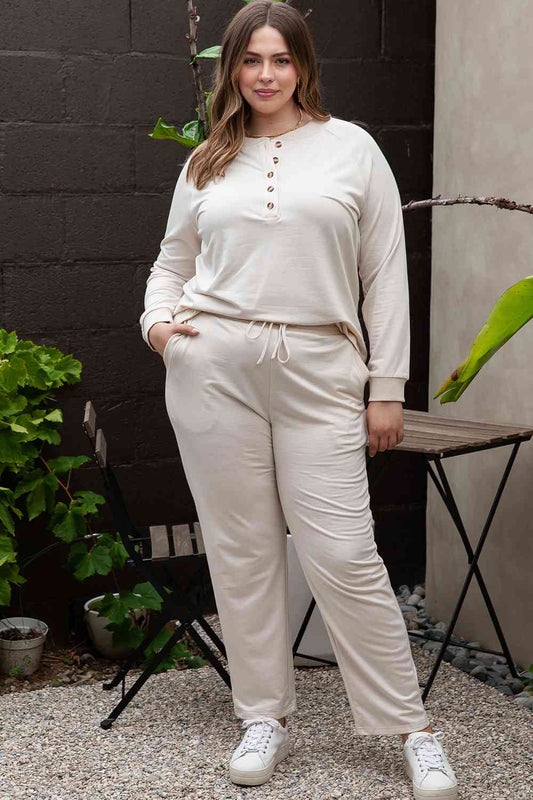 Plus Size Half Button Top and Pants Set