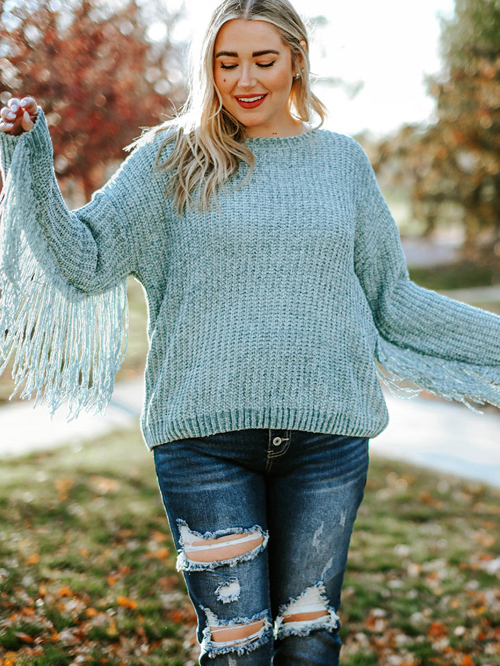 Plus Size Round Neck Long Sleeve Fringe Detail Sweater