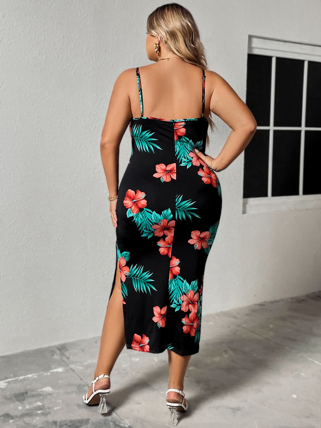 Plus Size Floral Spaghetti Strap Ruffled Slit Dress