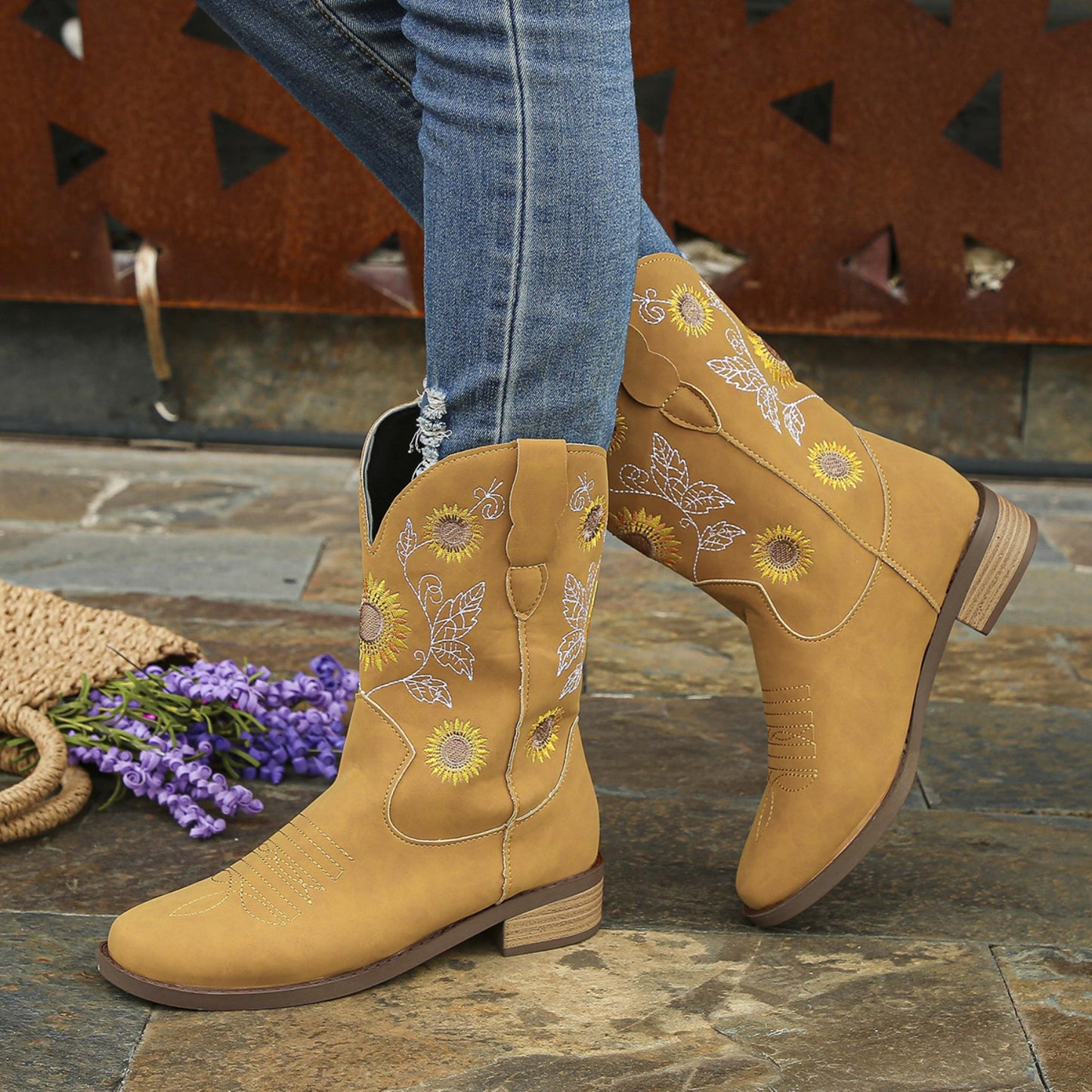 Sunflower Embroidered Block Heel Boots