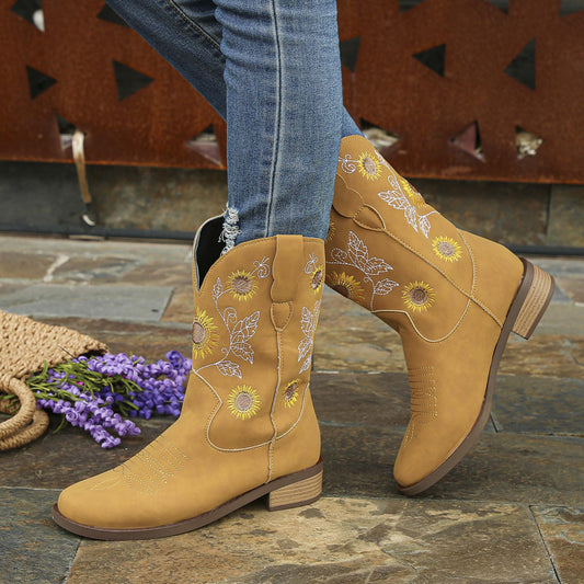 Sunflower Embroidered Block Heel Boots