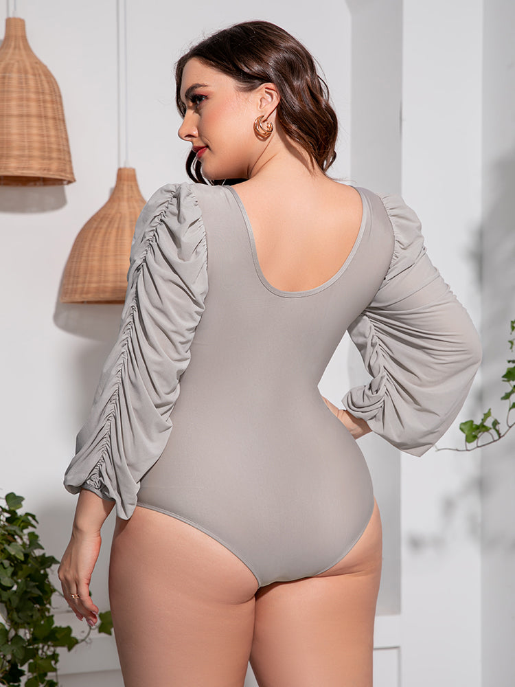 Plus Size Tied Deep V Balloon Sleeve One-Piece Swimsuit