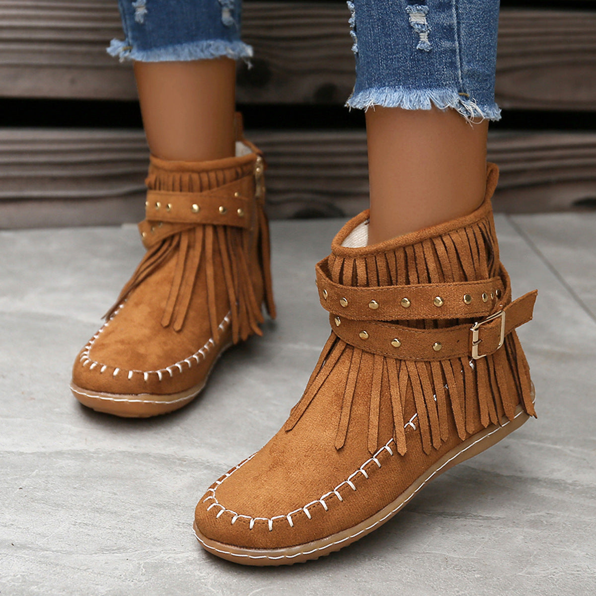 Studded Fringe Round Toe Boots