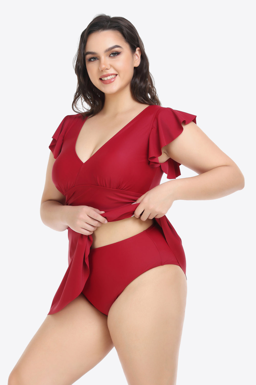 Plus Size Ruffled Plunge Swim Dress and Bottoms Set