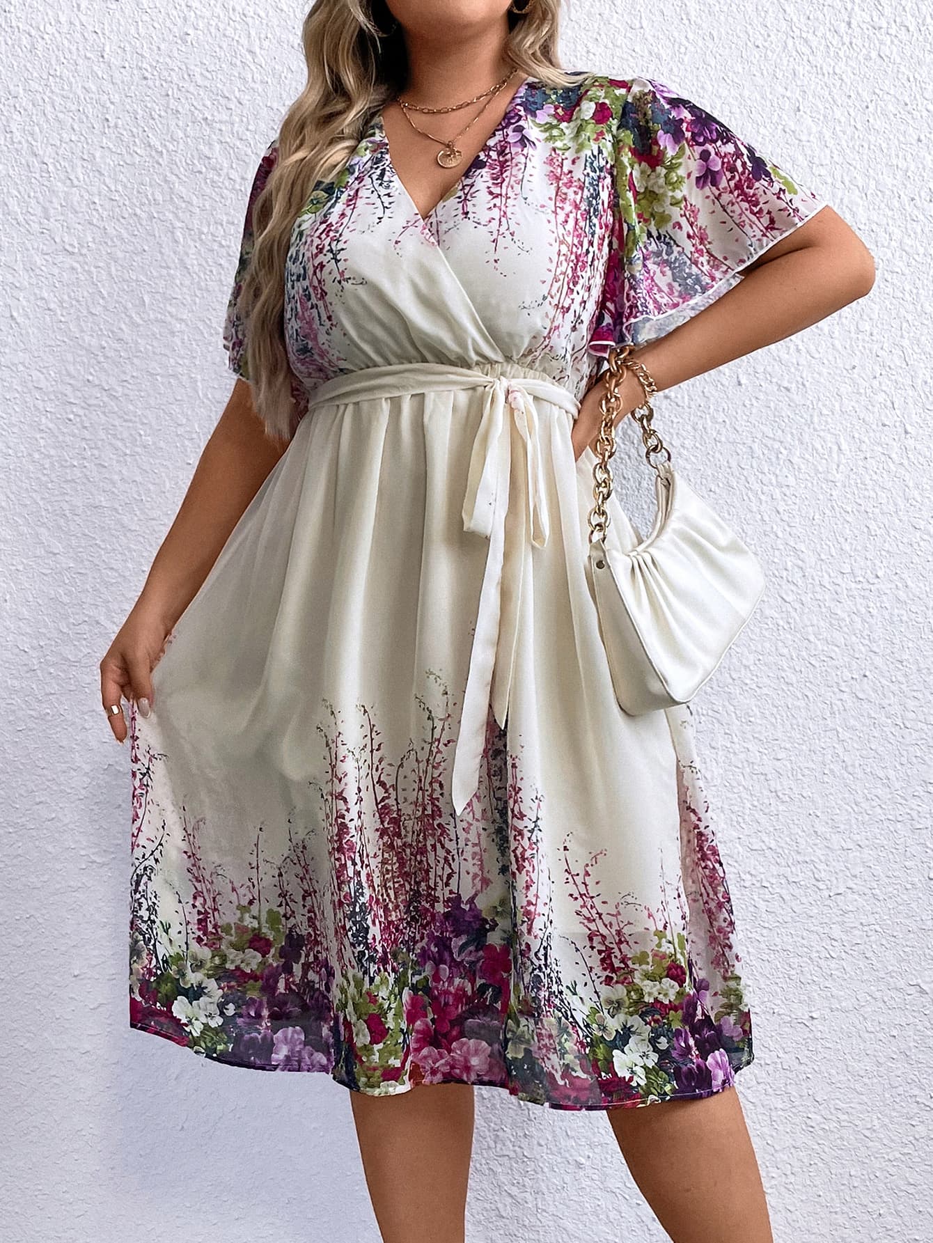 Plus Size Floral Tie Waist Surplice Neck Dress