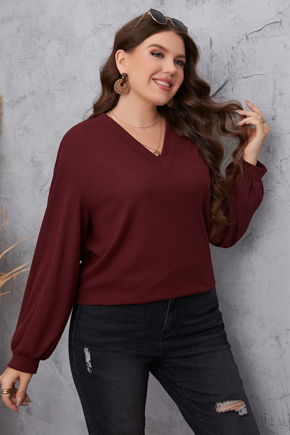 Melo Apparel Plus Size V-Neck Dropped Shoulder Blouse