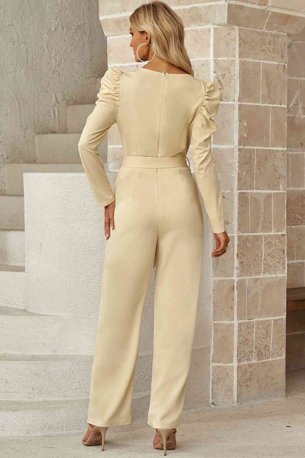 Belted Long Puff Sleeve V-Neck Jumpsuit