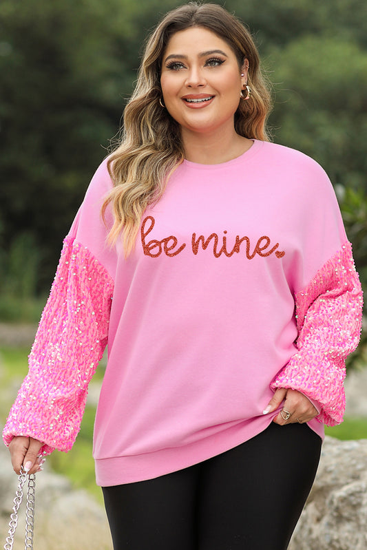 Plus Size BE MINE Sequin Round Neck Sweatshirt