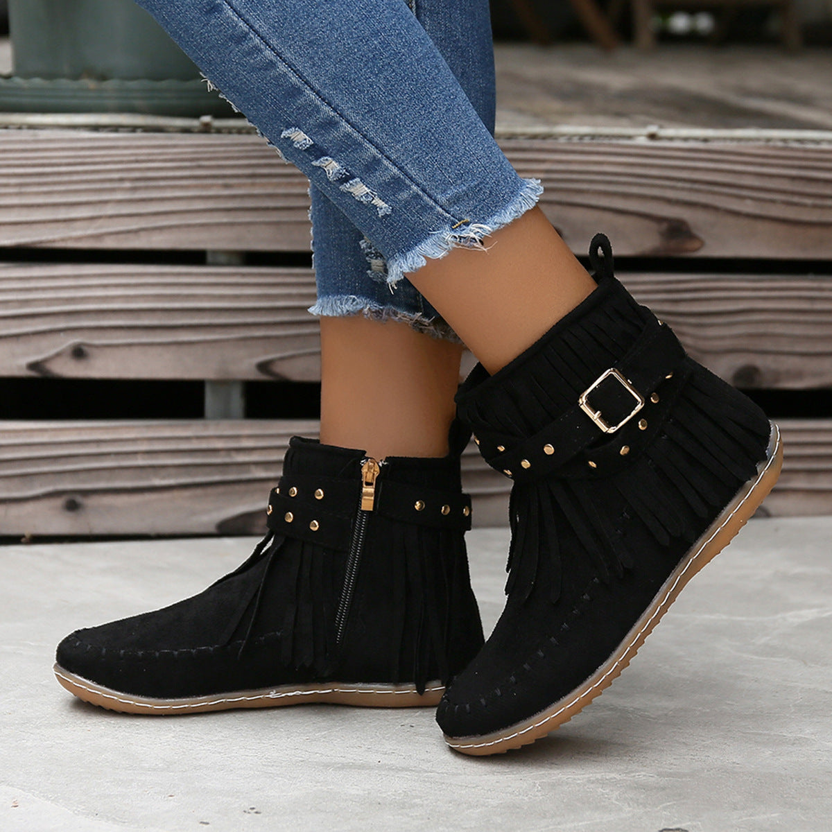 Studded Fringe Round Toe Boots