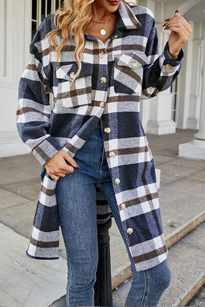 Plaid Button Up Collared Neck Coat with Pockets