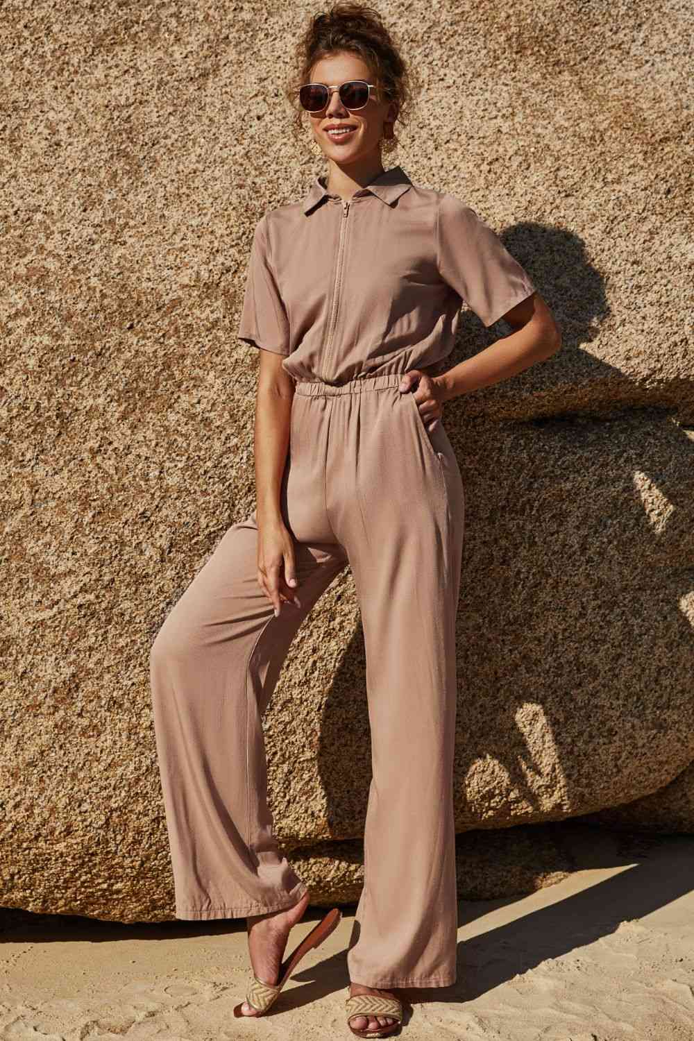 Zip Up Short Sleeve Collared Jumpsuit