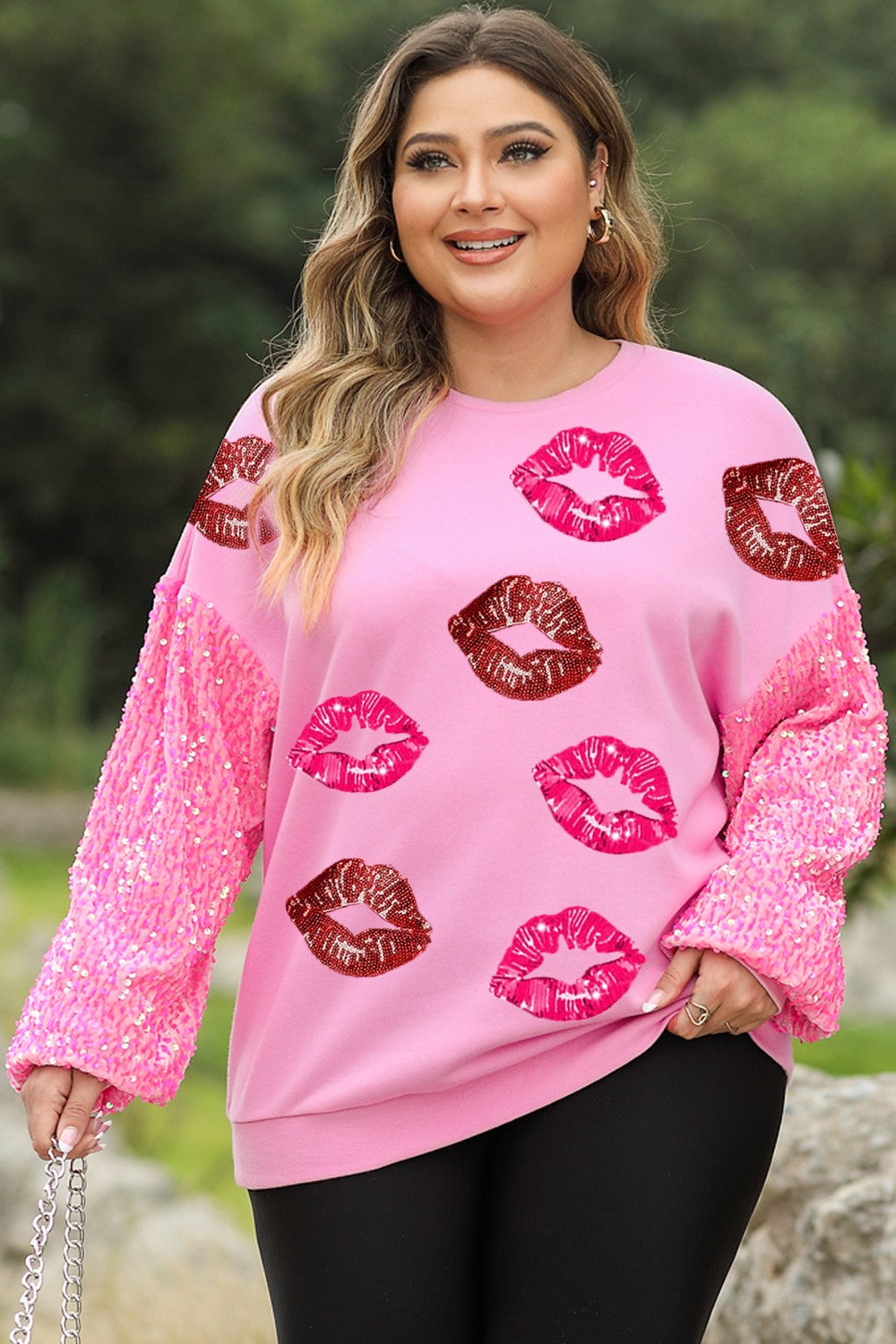 Plus Size Lip Sequin Round Neck Sweatshirt