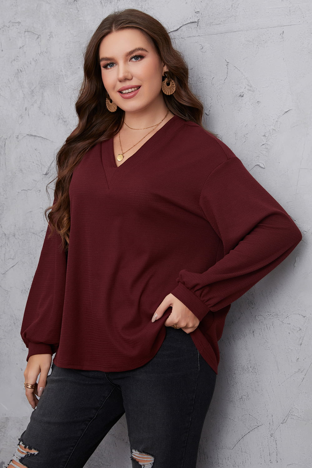 Melo Apparel Plus Size V-Neck Dropped Shoulder Blouse