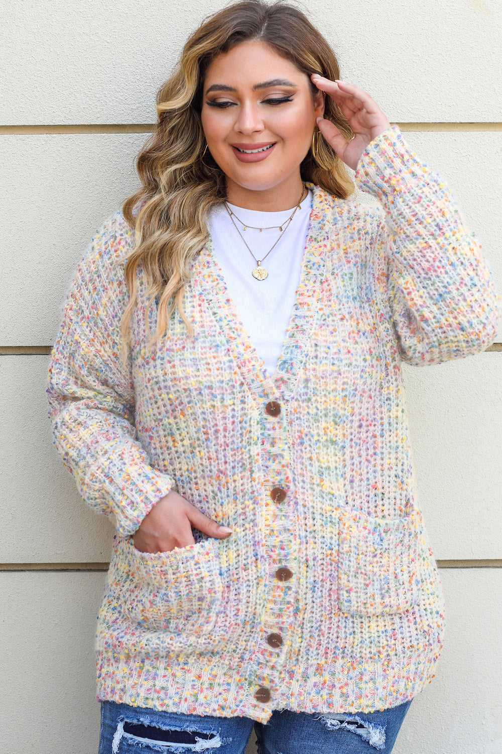 Plus Size Heathered Long Sleeve Pocketed Cardigan